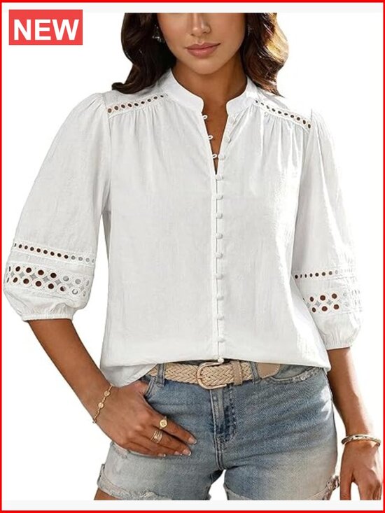 Tops - 3/4 Puff Sleeve Button Down Blouse Cotton Eyelet Boho Mandarin Collar Tops